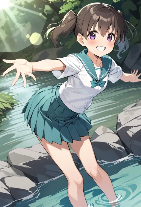 1girl, kuraue hinata, solo, smile, purple eyes, school uniform, pleated skirt, serafuku, white shirt, twintails, water, looking at viewer, short sleeves, wading, grin, outstretched arms, blush, standing, eyebrows visible through hair, black hair, spread arms, green skirt, collarbone, green sailor collar, blue sailor collar, blue skirt, leaning forward, outdoors, teeth, green neckwear, neckerchief, hair between eyes, barefoot, brown hair, :d, short hair, day, lens flare, bent over, open mouth, river, aqua skirt, aqua neckwear, aqua sailor collar, shallow water, dutch angle, miniskirt, short twintails, blue neckwear, bow, masterpiece, best quality <lora:kuraue_hinata_sdxl_locon_ani_v1:0.7>