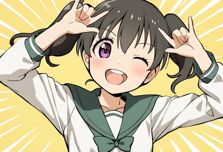 1girl, kuraue hinata, solo, one eye closed, twintails, open mouth, purple eyes, smile, school uniform, black hair, ;d, double \\m/, looking at viewer, nico nico nii, \\m/, serafuku, long sleeves, upper body, teeth, blush, eyebrows visible through hair, emphasis lines, white shirt, upper teeth, bowtie, round teeth, parody, green sailor collar, green neckwear, yellow background, hands up, hair between eyes, grey hair, medium hair, collarbone, short hair, green bow, arms up, simple background, masterpiece, best quality <lora:kuraue_hinata_sdxl_locon_ani_v1:0.7>