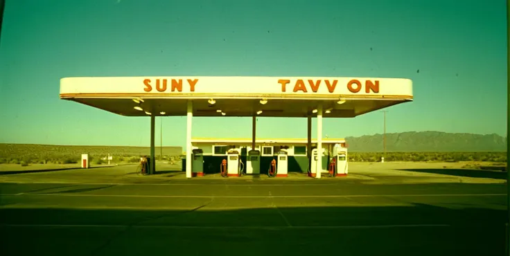 cinematic, 1980, classic, sunny, gas station, lights, happy, film grain, abandoned taven, Æ/22, Short telephoto focal length, shot on ALEXA 65, dark, reflections, dust, <lora:CinematicStyle_v1:.9>