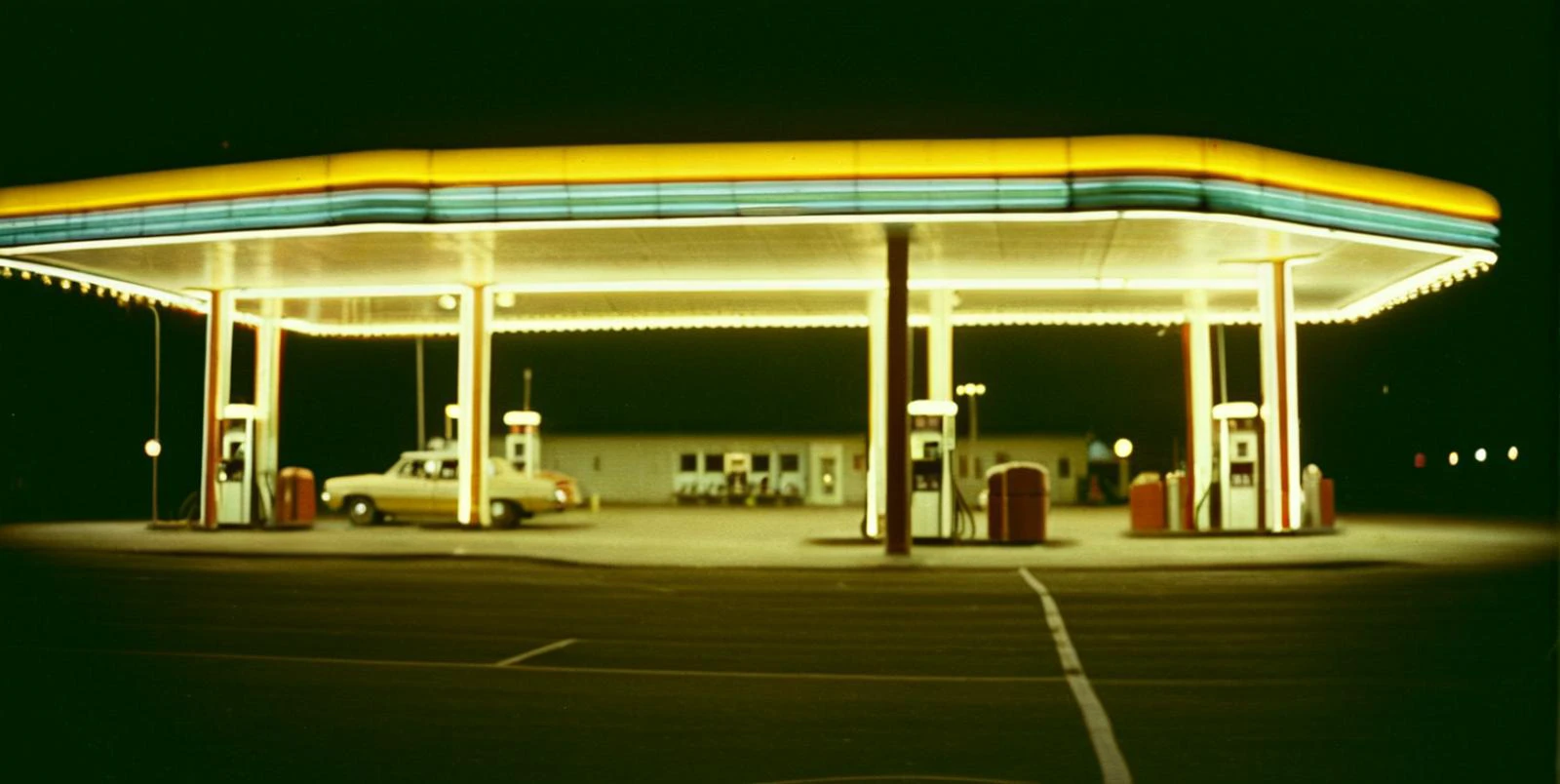 cinematic, 1980, classic, sunny, gas station, lights, happy, film grain, Æ/22, Short telephoto focal length, shot on ALEXA 65, dark, reflections, dust, <lora:CinematicStyle_v1:.9>
