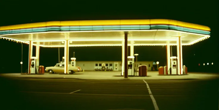 cinematic, 1980, classic, sunny, gas station, lights, happy, film grain, Æ/22, Short telephoto focal length, shot on ALEXA 65, dark, reflections, dust, <lora:CinematicStyle_v1:.9>