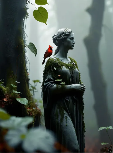 score_9, score_8_up, score_7_up, BREAK, sandstone statue of beautiful goddess covered in moss mushrooms and vines hidden among vines leaf in misty jungle, wearing loose dress, obstruct with thick fog, crack skin, dew, shallow depth of field, coarse, crude, bokeh, small bird northern cardinal landed on her shoulder, source_realistic, hyperrealistic, zPDXL, noise grain, <lora:CinematicStyle_v1:0.7> <lora:MJ52:0.3>