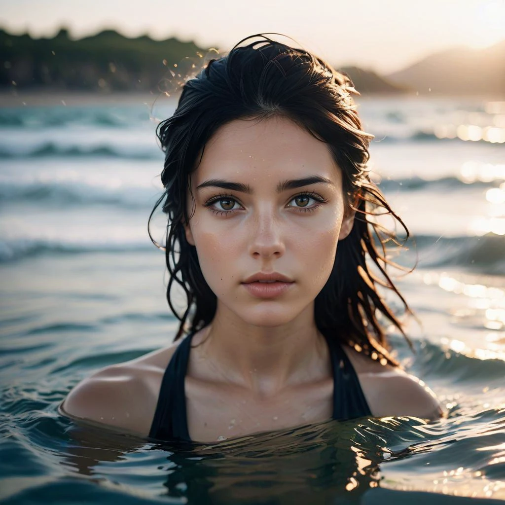cinematic photo of cinematic photo of Girl with black hair and brown eyes, standing partially submerged in the ocean on a beach with a blurry background, under the bright daylight with a photorealistic style, gazing at the viewer, wearing no outwear, alone with the water around her, with a focus on her forehead, nose, and lips, giving a realistic depth of field effect, <lora:LCMTurboMix_Euler_A_fix:1>, 35mm photograph, film, bokeh, professional, 4k, highly detailed