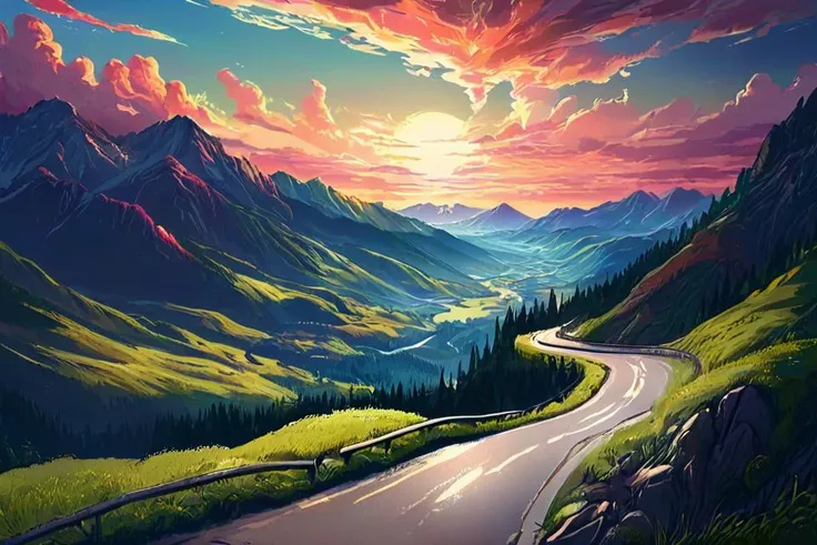 Mach Go Go Go! A depiction of winding road scene in Furkapass, surrounded by beautiful mountains against a sky backdropy, a landscape in a distinct anime style, by sylvain sarrailh, pixiv, shin hanga, high quality anime artstyle, winding road on a mountain, anime concept hdr anime macmanus, brho <lora:brho:0.65> <lora:LCMTurboMix_DPM_SDE_Karras:1.05>