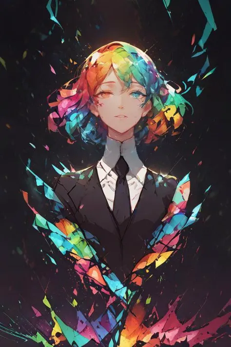 zPDXLxxx,score_9,score_8_up,score_7_up,score_6_up,score_5_up,score_4_up,<lora:Turbo_XL:1>,<lora:houseki_no_kuni_artworks:1>,houseki no kuni,gem uniform (houseki no kuni),necktie,crystal hair,sparkle,shiny skin,crystal skin,<lora:NoctAbstractConcept:1>,abstract,colorful,abstract background,particles,gem,broken,damaged,light ray reflection,
