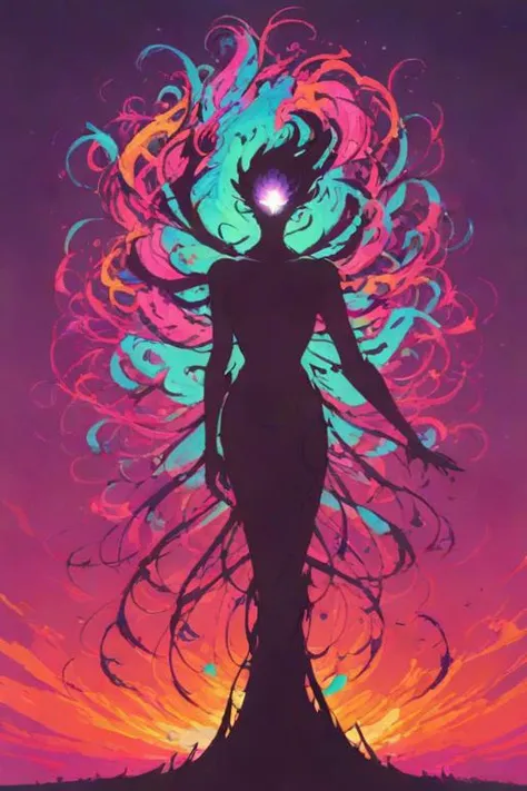 watercolor painting vaporwave style ethereal fantasy concept art of zPDXLxxx,score_9,score_8_up,score_7_up,score_6_up,score_5_up,score_4_up,rating_explicit,<lora:Turbo_XL:1>,<lora:NoctAbstractConcept:0.7>,abstract,colorful,abstract background,particles,jean grey,glowing eyes,floating hair,surging energy,fireworks,<lora:Shadow_Style_for_Pony:0.3>,black silhouette,shadow,femenine silhouette, . magnificent, celestial, ethereal, painterly, epic, majestic, magical, fantasy art, cover art, dreamy . retro, neon, pixelated, nostalgic . vibrant, beautiful, painterly, detailed, textural, artistic