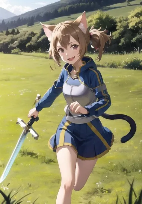 (Photo:1.3), highdetail, <lora:Silica_ALO:0.8>, Silica_ALO, solo, smile, running, grass, looking at viewer, holding sword, cat ears, (acclaimed, alluring, captivating, exciting, gorgeous, striking:1.3), beautiful, (highly detailed, high quality:1.3)