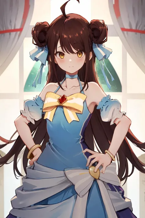 masterpiece, best quality, highres, 1girl ahoge, choker bow blue dress bare shoulders detached sleeves jewelry bracelet <lora:falanya:1> hand on hip