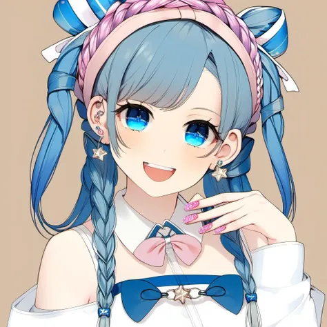 1girl, solo, braid, twin braids, brown hair, hair ornament, jacket, headwear removed, smile, blue jacket, blue nails, bow, +_+, bangs, nail polish, bandaid, :d, hat removed, hat, hairclip, upper body, cropped torso, open jacket, looking at viewer, hair bow, white choker, open mouth, blue bow, long sleeves, off shoulder, cup, collarbone, hands up, open clothes, sleeveless, shirt, twintails, long hair, white bow, pink eyes, blush, bare shoulders, mug, earrings, white shirt, symbol-shaped pupils, piercing, pink nails, jewelry, bandaid on hand, steepled fingers, choker, white dress, own hands together, virtual youtuber, multicolored hair, ear piercing, hood down, star (symbol), multicolored nails