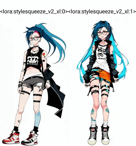 anime style, modern anime still, flat colors, fine outlines, (masterpiece, best quality), woman, punk, long hair, torn punk [legwear|shorts], freckles, tinted glasses, asymmetrical punk fashion, japanese sneakers, kneepads, skinny toned athletic hourglass body, standing, posing, white background, third angle view <lora:stylesqueeze_v2_xl:0>