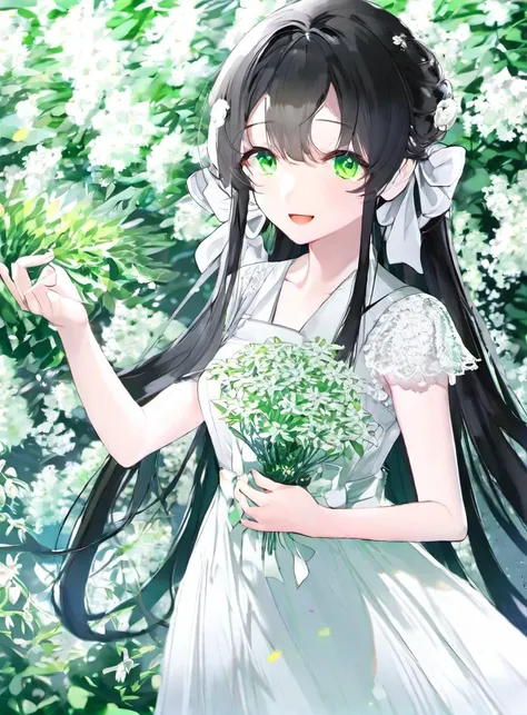 face focus, dynamic angle, masterpiece, best quality, 1girl, solo, long hair, green eyes, plant, looking at viewer, white flower, hair ribbon, hand up, white dress, black hair, hair between eyes, pixiv, depth of field, smile
