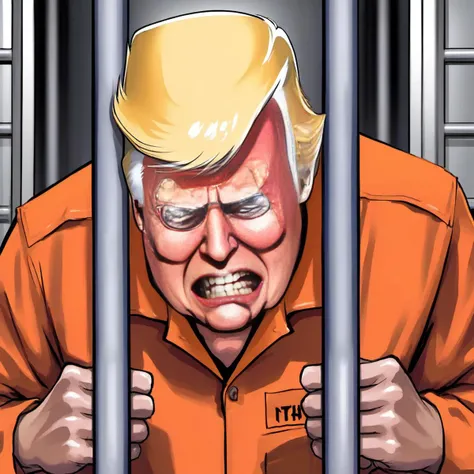 Donald Trump is slim and in an orange prison jump suit in a jail cell, behind bars, featuring his face with teary eyes, gray hair