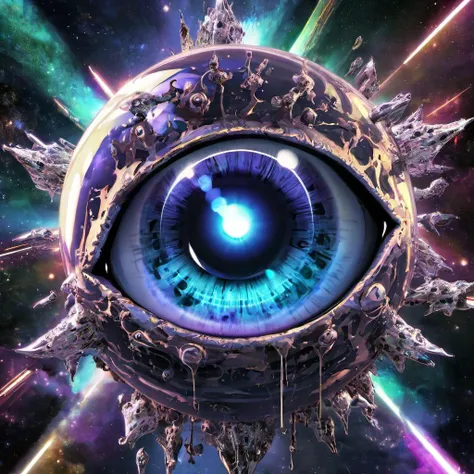 celestial eyeball suspended in space, psychedelic, dangerous, large, infernal, cry engine