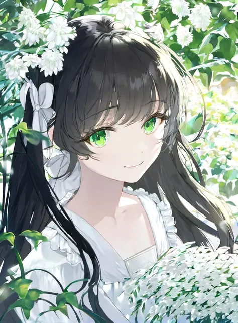 face focus, dynamic angle, masterpiece, best quality, 1girl, solo, long hair, green eyes, plant, looking at viewer, white flower, hair ribbon, hand up, white dress, black hair, hair between eyes, pixiv, depth of field, smile