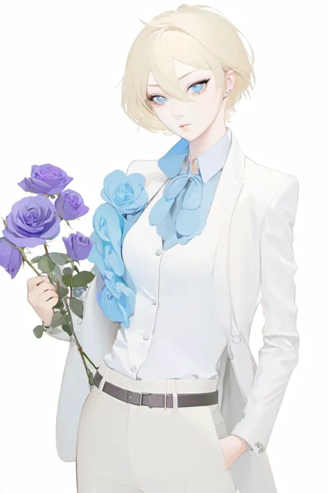 ohisashiburi, 1girl, blue flower, solo, blue rose, flower, rose, pants, short hair, holding, jacket, white background, holding flower, shirt, purple eyes, vest, long sleeves, formal, simple background, blonde hair, white shirt, closed mouth, cowboy shot, blue eyes, open clothes, blue pants, suit