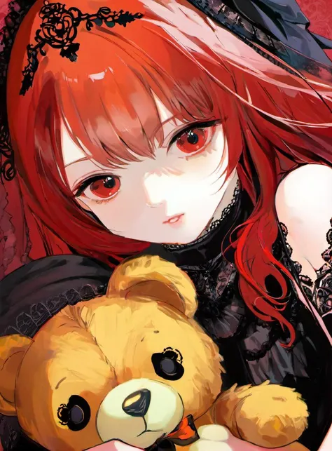 red background, close up, masterpiece, best quality, solo, red hair, 1girl holding teddy bear, from above, cute, gothic dress, looking at viewer, pixiv, depth of field