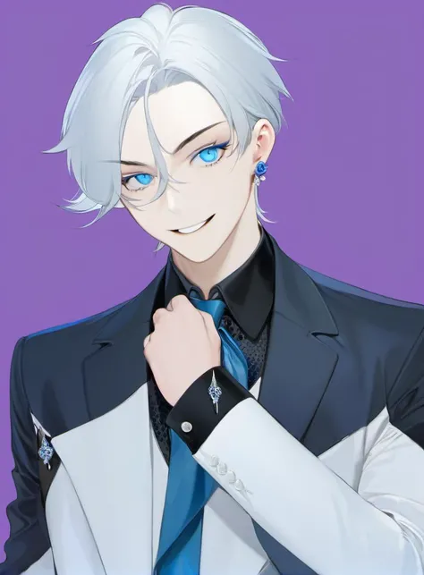 ohisashiburi, solo, blue flower, smile, flower, white pants, male focus, black hair, 1boy, holding, formal, necktie, white background, multicolored hair, rose, blue rose, holding flower, suit, pants, jacket, looking at viewer, short hair, shirt, arm behind back, blue eyes, white jacket, belt, white hair, earrings, simple background, long sleeves, grin, jewelry, eyeshadow, virtual youtuber, cowboy shot, makeup, black shirt