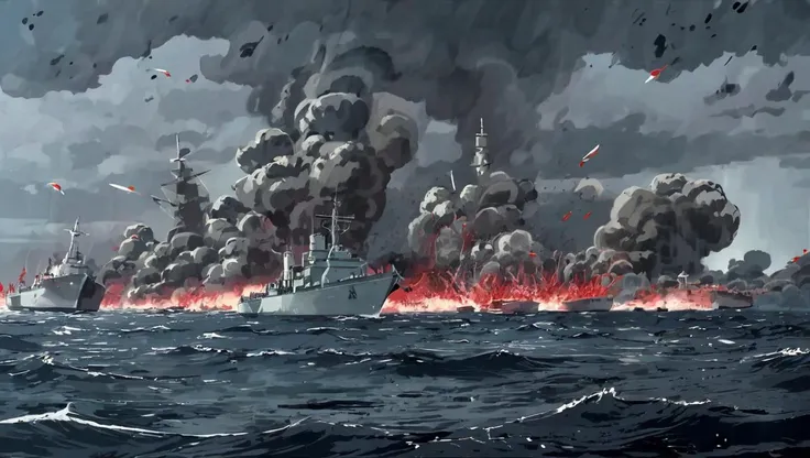 <lyco:neg4all_bdsqlsz_xl_V7:1.0>, A barrage of missiles, Ships damaged by missiles, A sea of blood, Mushroom clouds rising from the sea, 2d, anime
