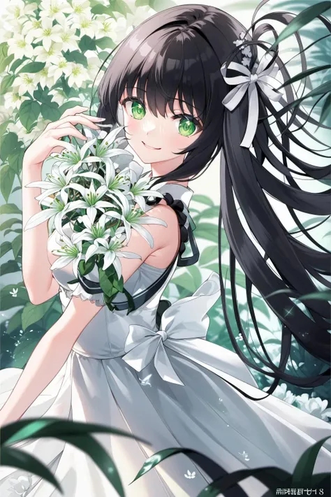 face focus, dynamic angle, masterpiece, best quality, 1girl, solo, long hair, green eyes, plant, looking at viewer, white flower, hair ribbon, hand up, white dress, black hair, hair between eyes, pixiv, depth of field, smile