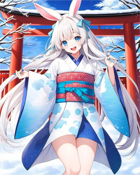 1girl, solo, animal ears, japanese clothes, kimono, blue eyes, long hair, rabbit ears, sash, white hair, upper teeth only, bangs, looking at viewer, smile, holding, open mouth, hair ornament, obi, blue nails, teeth, wide sleeves, torii, very long hair, white kimono, outdoors, :d, long sleeves, animal ear fluff, rabbit, rabbit girl, print kimono, snow bunny, day, nail polish, standing, snow, hair between eyes, hands up, scarf, furisode, blush, shawl