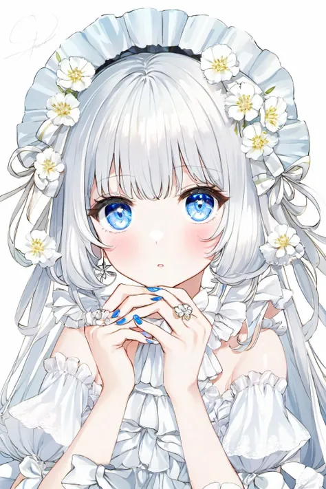 1girl, solo, blue eyes, hair ornament, looking at viewer, frills, flower, long hair, bangs, white flower, upper body, hand on own face, hairclip, ring, white hair, hair between eyes, short sleeves, bow, wrist cuffs, blush, dress, white background, hand up, parted lips, hair flower, ribbon, blue nails, hand on own cheek, puffy sleeves, nail polish, jewelry, white theme, simple background, white dress