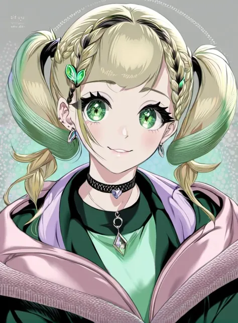 bifengyu, 1girl, solo, jewelry, ring, looking at viewer, blonde hair, black nails, green eyes, twintails, blush, jacket, braid, hair ornament, smile, nail polish, earrings, upper body, choker, multicolored hair, black jacket, bangs, shirt