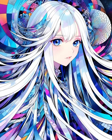 young women, white long straight hair,indigo eye, Wind, crystal, intricate background, extremely detailed, (fractal art:1.2), colorful, (zentangle:1.2), (abstract background:1.5), (many colors:1.4), pixelated fragments, data corruption, colorful noise, visual chaos, contemporary aesthetics