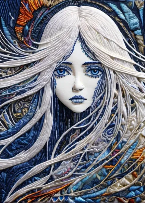 young women, white long straight hair,indigo eye, Wind, crystal, intricate background, extremely detailed, (fractal art:1.2), colorful, (zentangle:1.2), (abstract background:1.5), (many colors:1.4), pixelated fragments, data corruption, colorful noise, visual chaos, contemporary aesthetics <lora:embroidered_style_v1_sdxl:1.9>