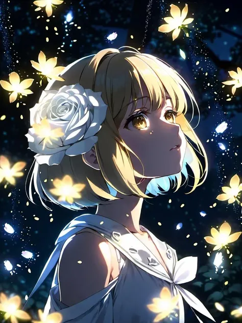 face focus, masterpiece, best quality, 1girl, , white roses, petals, night background, fireflies, light particle, solo, standing, pixiv, depth of field, cinematic composition, best lighting, looking up