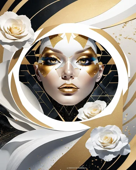 golden, ultra detailed artistic abstract photography of geometrical woman face, Beautiful white rose flower on the seashore, sunny day, white cumulus clouds, detailed symmetric circular iris, shattered paper fragments, natural body posture, art by alberto seveso, by guy denning, by johannes itten, by russ mills, by gustav klimt, Symmetrical, abstract art style, intricate complex watercolor painting, sharp eyes, Digital painting, color explosion, radiance, colorful, Concept art, volumetric lighting, metallic reflections, 8k, by artgerm, Trending on Artstation, 16k resolution, 300 dpi, 600 dpi, 4k, Contest winner, High definition, golden eyes , detailed, realistic, 8k uhd, high quality