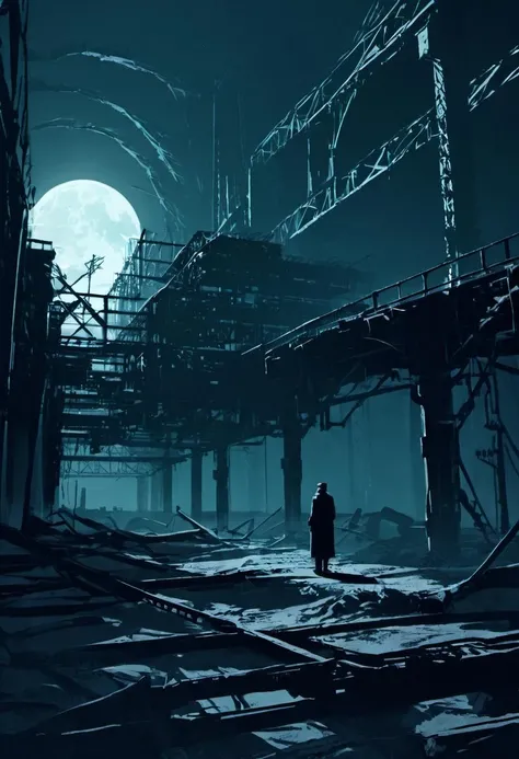 concept art A scene steeped in the uncanny ambiance of Tarkovsky's Stalker. A lone wanderer cautiously stepping through the skeletal remnants of an old, dilapidated factory, their path illuminated only by the pallid light of a dying moon. The echoing sound of their footsteps is the only disruption in the unsettling stillness . digital artwork, illustrative, painterly, matte painting, highly detailed