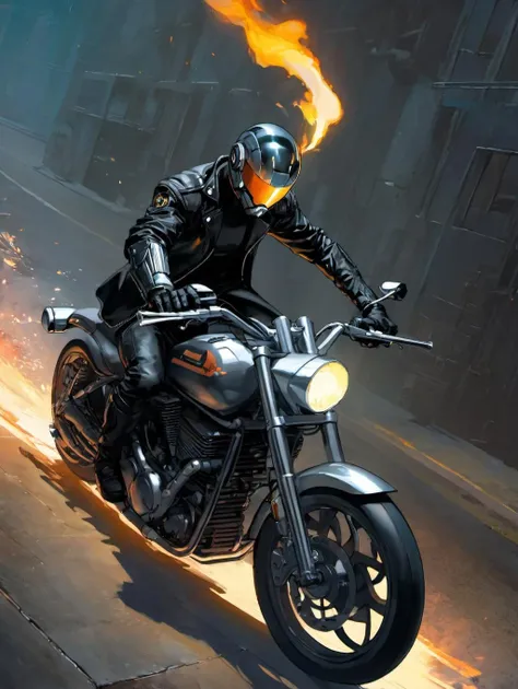 1 cyborg warrior with black leather jacket, fire,  sci-fi, riding a bike
best shadow, cinematic lighting
art by Gerard Brom, Alex Maleev
(best quality, masterpiece, )