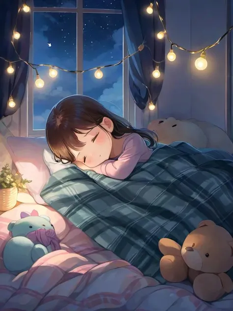 cute little girl sleeping comfortably on a bed, covered with a blanket, stuffed animal, string lights on the wall, window, cozy and comforting atmosphere, nighttime, wonder, pixiv,