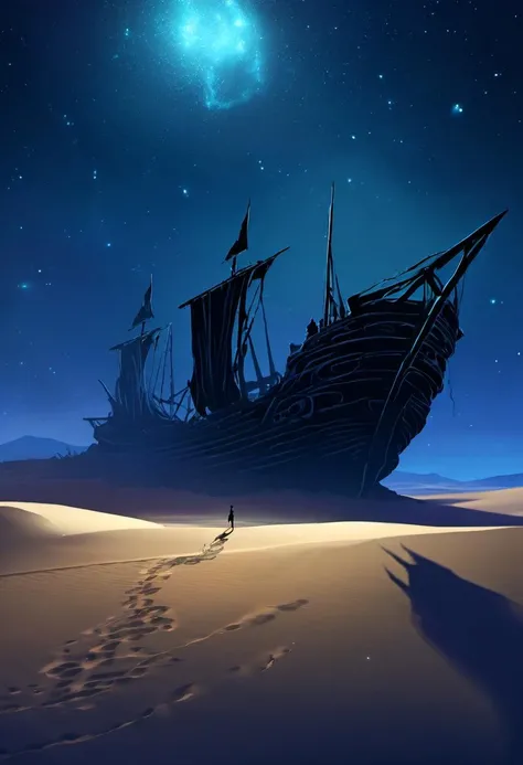 concept art An image of a desert under a starlit night, the sands glowing under the ethereal light. In the distance, the shadowy silhouette of an ancient, abandoned ship hints at a forgotten history. . digital artwork, illustrative, painterly, matte painting, highly detailed