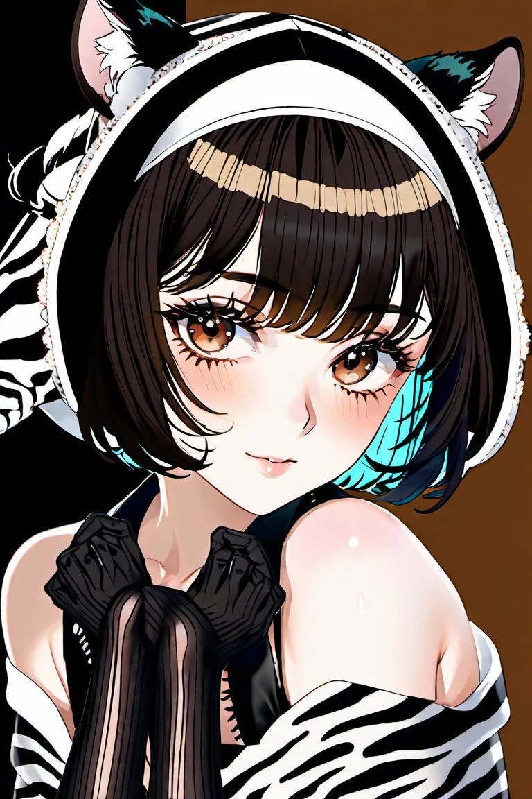 (masterpiece,best quality, ultra realistic,32k,RAW photo,detail skin, 8k uhd, dslr,high quality, film grain:1.5),
short hair , black hair hair:1.1,portrait,lady, brown eyes, dark black bonnet, freckles,
(zebra print gradient background,led light, edge light, simple background)