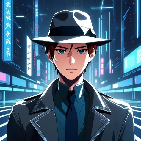 25 year old, (Male:1.2), (Chinese:1.2), Perfect Face, (Perfect Eyes:1.2), serious face, white skin, Short silky hair, brown hair, wind blown hair (Wearing sparkly fedora hat:1.2), Shiny skin, (sci fi clothing:1.2), (Soothing style:1.1), Best quality, 8K Sharp, dramatic, atmospheric, Misty, tranquility, Sci fi, Futuristic, Beautiful colors, Masterpiece, hazy, Misty, Skyscrapers background, Blue Voxel columns, Standing on runway, dark blue lighting, Neon red lighting, silver lighting, Chrome, Retro, Aesthetic, Perfect lighting, hazy sky lighting, (Downpour of rain:1.1), Matrix style, Slick, Prototype, Dystopia, Ultra detailed, high quality, (Front facing portrait:1.2), (Manga art:1.2)