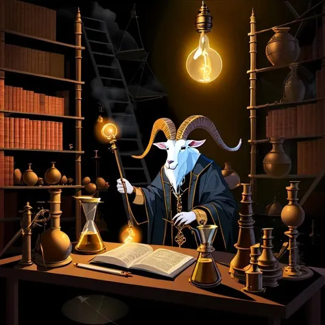 28. An eccentric steampunk alchemist goat tinkering with bubbling beakers and Jacob's ladders amidst piles of arcane tomes and artifacts. Dramatic chiaroscuro lighting.