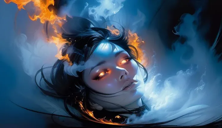 portrait a lying demon female made of wisps of smoke ready to tear into your soul, painting by Mark Brooks and John Berkey, high contrast dynamic lighting, fantasy, eyes of flame, intricate detail, sharp focus, masterpiece, anatomical details, full body shot, 8k