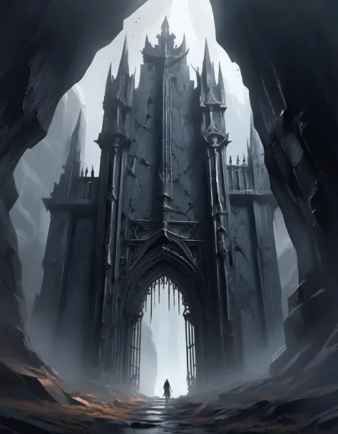 a massive, gothic gate looming ominously, seemingly carved directly into a sheer cliff face, ethereal, otherworldly light seeps from the countless cracks and crevices, casting an eerie glow upon the desolate landscape of jagged rocks and bleak skies that surround it, <lora:marcXL:0.8>