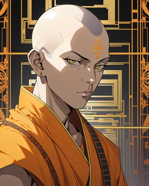 elaborate portrait of a monk by Laurey Greasley and Takeshi Obata, desire to achieve enlightenment, nirvana, yellow, orange, cyberpunk, detailed, realistic, 8k uhd, high quality