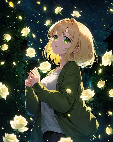 face focus, masterpiece, best quality, 1girl white roses, petals, night background, fireflies, light particle, solo, blonde hair, green eyes, yellow cardigan, standing, pixiv, depth of field, cinematic compotision, best lighting, looking up