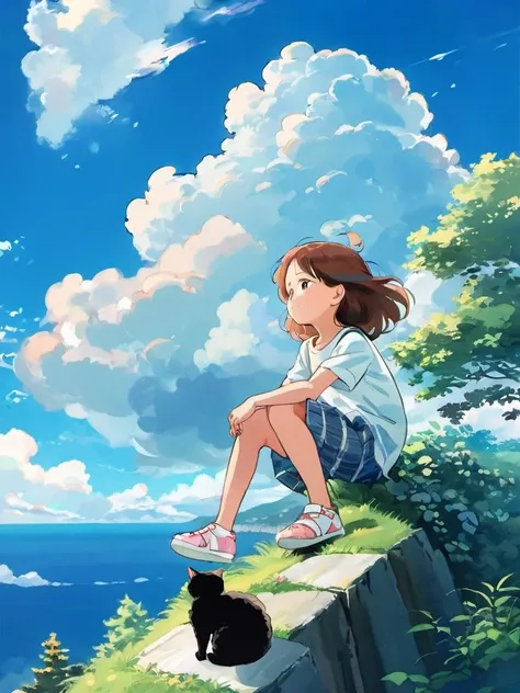 little girl sitting on the hill looking at sky, with her hair blowing in clear day, with cat, (blue sky:1.25), sideway glance, young girl, cloud, endless sea, noon, summer, floating hair, cumulus clouds, forest, tree, face focus, cute