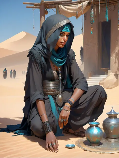 a full body portrait of a beautiful post apocalyptic offworld desert bedouin blind beggar by the well, intricate, elegant, highly detailed, digital painting, artstation, concept art, smooth, sharp focus, illustration, art by krenz cushart and artem demura and alphonse mucha