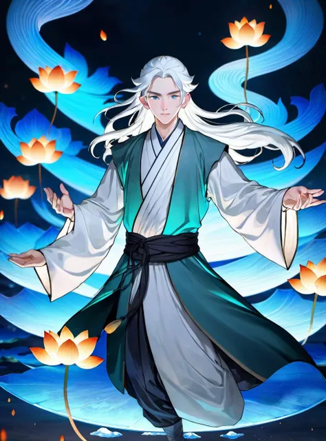 (best quality),(photo-realistic:1),realistic skin texture,bokeh,face focus,looking at viewer,from below,1man,male,long hair,white hair,full_body,slim body,upper body,Song Dynasty,gorgeous,Chinese hanfu,long sleeve,(floating Lotus:1.5),((((Lotus, Ice and Fire Lotus, Glowing Lotus))))