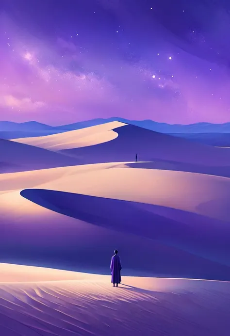 concept art An image of a solitary figure standing in front of an immense, seemingly endless sand dune under a lavender twilight sky. The silence and stillness of the scene give it a hauntingly beautiful surreal quality. . digital artwork, illustrative, painterly, matte painting, highly detailed