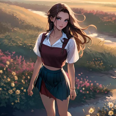 a historic young beautiful character, wearing a crop top with short skirt, looking at viewer, maroon cream black vintage, sunset, soft body, flowing hair, wild flowers, the start of spring, Shadow play, top view, light, mist, moody, glossy brown hair, earthy, vivid, red, purple, blue, cinematic, Film light, Hyper detailed, Hyper realistic, masterpiece, atmospheric, High resolution, Vibrant, High contrast, dark angle, art by Koos Roos, 8k, HDR, 500px