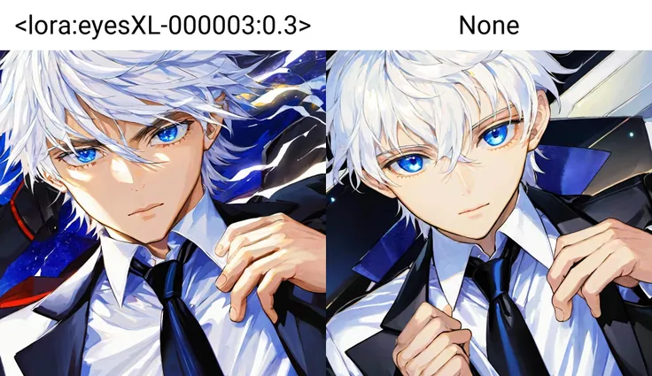 masterpiece, best quality, close-up, 1boy, eyes focus, face focus, beautiful detailed eyes, white hair, blue eyes, <lora:eyesXL-000003:0.3>, upper body, white shirt, black jacket, necktie