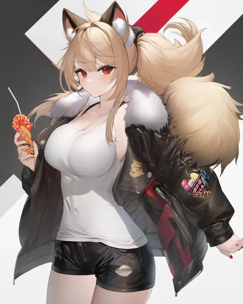 1girl, solo, breasts, siege (arknights), shorts, jacket, animal ears, lion ears, long hair, lollipop, candy, food, black jacket, looking at viewer, hand on hip, fur trim, black nails, short shorts, holding, large breasts, red shorts, shirt, cowboy shot, blonde hair, nail polish, cleavage, white shirt, bangs, ponytail, fur-trimmed jacket, holding food, brown eyes, thighs, standing, tank top, white tank top, hand up, open jacket, hair between eyes, cutoffs, open clothes, long sleeves, leather jacket, fur-trimmed shorts, brown hair