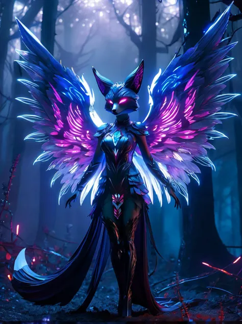 mutated hybrid [fairy:fox:2],gloomy fantasy,romantic face,detailed wings,glowing,combidress made from ((thin silver threads)),body inner neon glowing,ethereal,magical,enchanting,fantasy and mistic art,mystica,creepy lighting,crimson light,(gloomy haze:1.4),dark forest background,, DSLR, 8k uhd, hdr, ultra-detailed, high quality, high contrast, high resolution, masterpiece, best quality,
