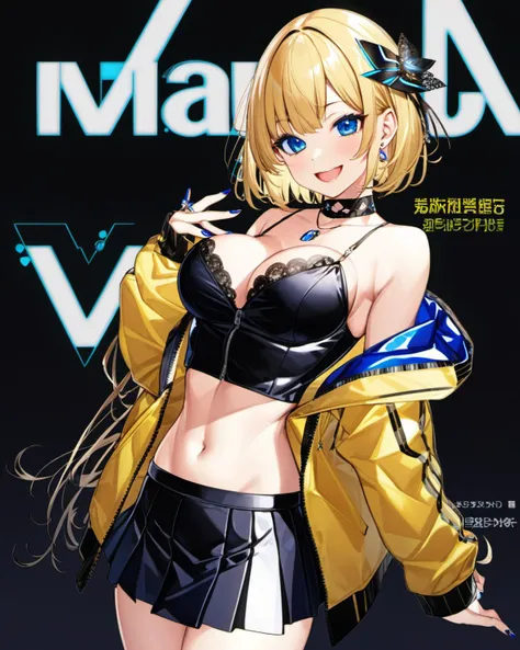 kayahara, 1girl, solo, blue eyes, jacket, smile, hair ornament, looking at viewer, breasts, bare shoulders, bangs, hairclip, off shoulder, sleeveless, skirt, black jacket, hand on hip, open jacket, cowboy shot, v, nail polish, open clothes, blonde hair, blue nails, grin, black skirt, long sleeves, yellow nails, jewelry